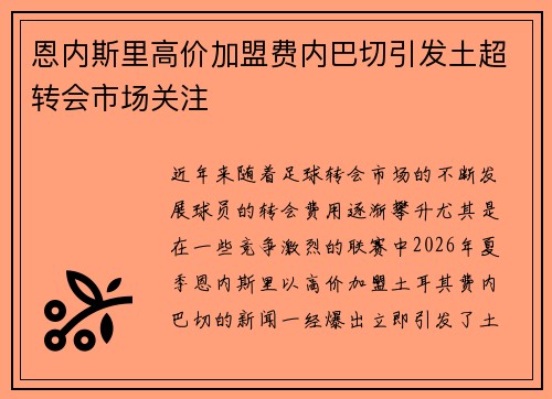 恩内斯里高价加盟费内巴切引发土超转会市场关注 恩内斯里高价加盟费内巴切引发土超转会市场关注